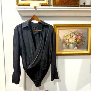 $428 Kiki de Montparnasse Silk Chameuse Wrap Bodysuit Size M Black Long Sleeve